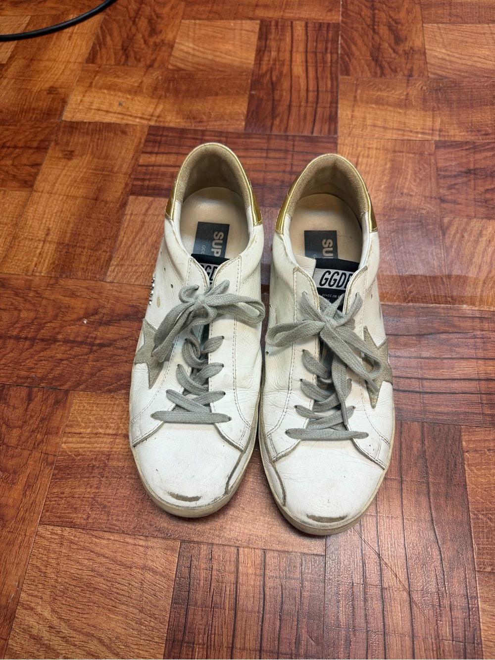 Golden Goose White Leather Sneakers with Gray Accents and Gold Heel Tab